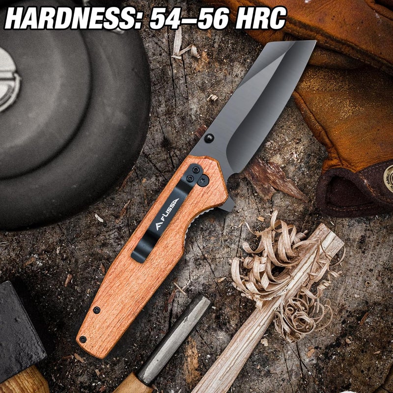 FLISSA Folding Knife, 4-3/4" Reverse Tanto Folding Pocket Knife, Black Stonewash Blade, Wood Handle, for Hunting, Survival, Camping and Outdoor Activities, Great Gifts for Dad, Husband, Friend - Image 5